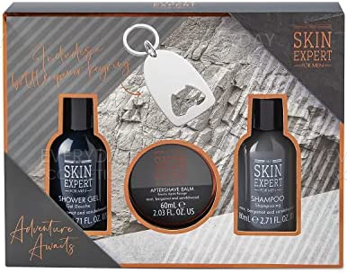 Style & Grace Skin Expert for Him Mini Grooming Gift Set Eco Packaging 80ml Shower Gel + 80ml Shampoo + 60ml Aftershave Balm + Bottle Opener Keyring