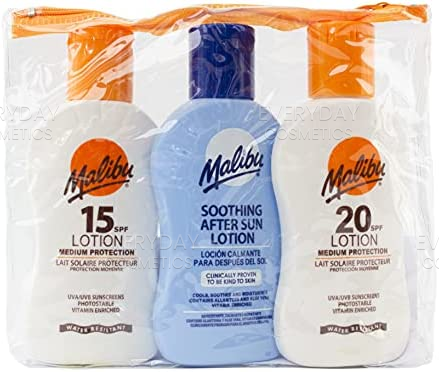 Malibu Sun Protection Travel Set 100ml SPF15 Lotion + 100ml SPF20 Lotion + 100ml Soothing After Sun Lotion + Bag