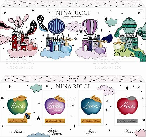 Nina Ricci Traveller Exclusive Miniature Gift Set 4 x 4ml EDT (In this set:
1x 4ml Bella EDT
1x 4ml Luna Blossom EDT
1x 4ml Luna EDT
1x 4ml Nina EDT)