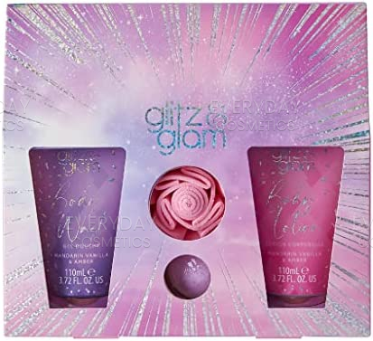 Style & Grace Glitz & Glam Glimmer Gift Set Eco Packaging 110ml Body Wash + 110ml Body Lotion + 80g Bath Fizzer + 1 Shower Flower