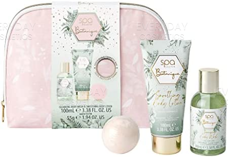 Style & Grace Spa Botanique Cosmetic Bag Gift Set Eco Packaging 100ml Body Lotion + 100ml Body Wash + 55g Bath Fizzer + Recycled Fabric Cosmetic Bag